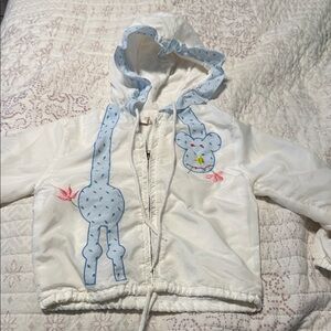 White Kids Hooded Puffer Jacket with Blue Trim and Giraffe Embroidery